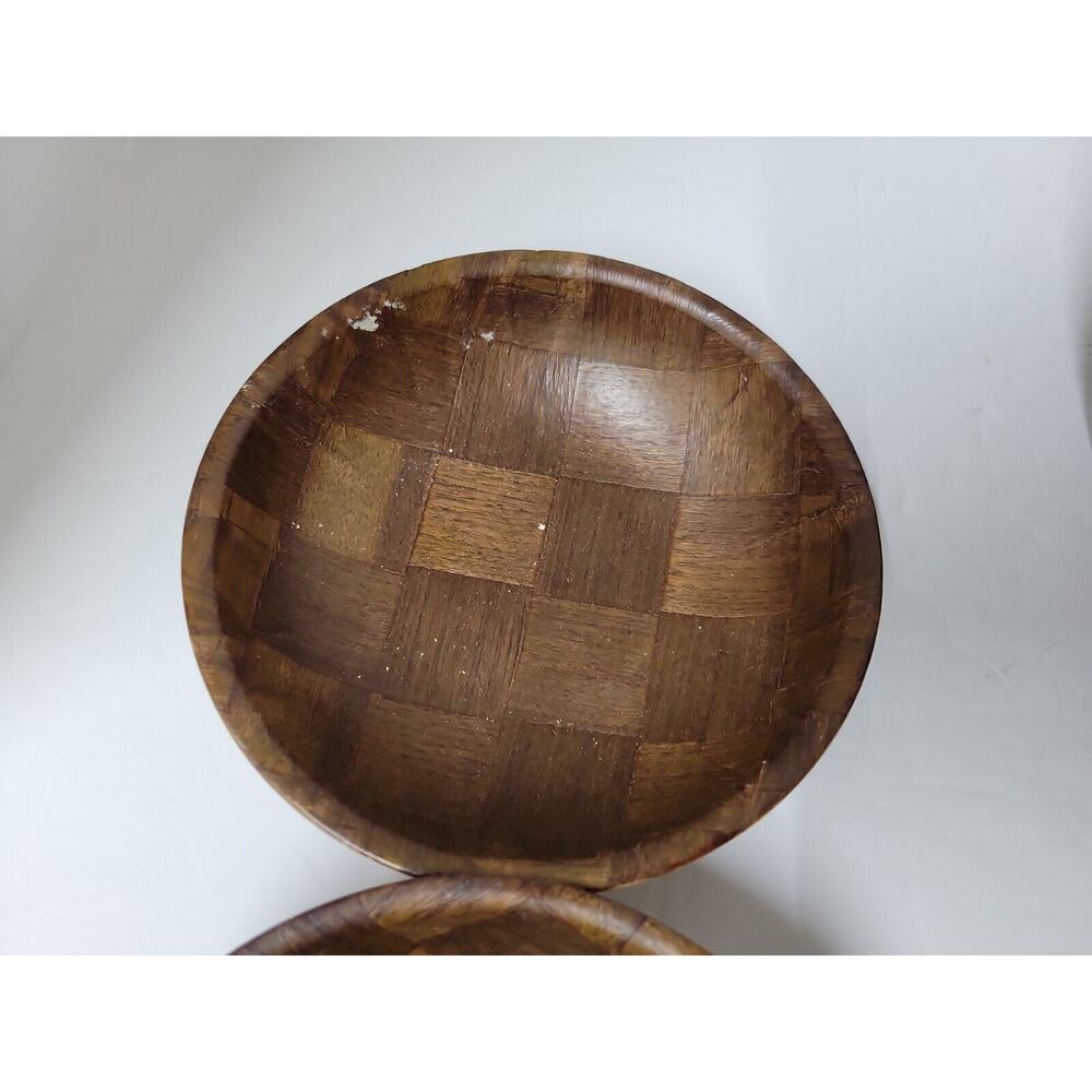 Vtg Mid-Century Wooden Weavewood Salad Brown Partial Bowl Set Kitchen Decor - Picture 4 of 10